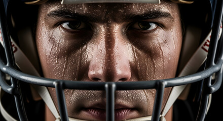 Determined football player's intense, sweat-soaked face captures the raw emotion and grit of intense competition and athletic struggle.