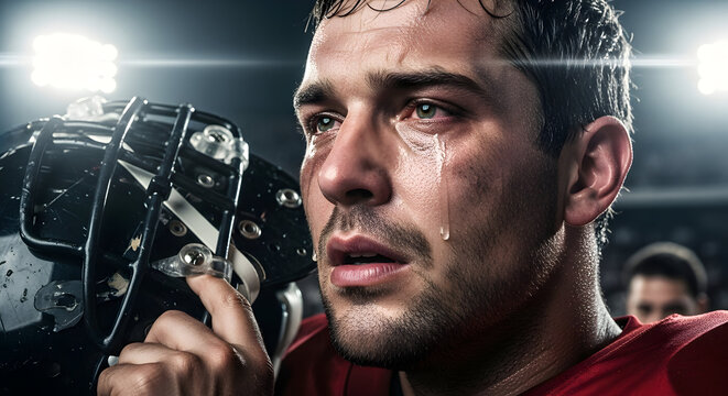 Overcome with emotion, a determined football player sheds tears of exhaustion and passion after a grueling game under stadium lights - Powered by Adobe