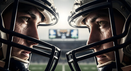 Intense American football players in helmets, sweat glistening, staring intensely on game day with stadium and scoreboard blurred background