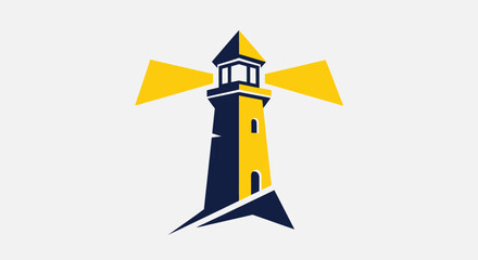 Modern lighthouse logo with shining yellow light beams.