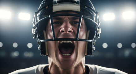 Intense American football player in helmet screams with raw emotion under stadium lights, ready for game day victory.