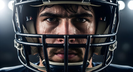 Determined American football player with intense gaze on the field, sweat dripping during a thrilling game under bright stadium lights