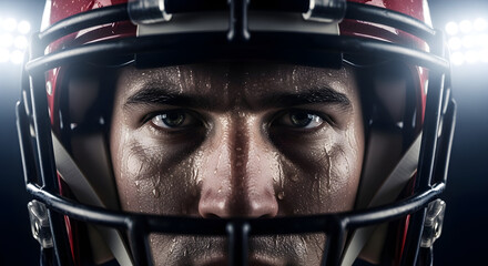 Intense close-up of a determined football player's face, sweat glistening under stadium lights, ready for intense competition and victory.
