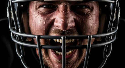 Intense football player screams with determination, sweat dripping from his face under a dark helmet, showcasing raw power and competitive spirit.