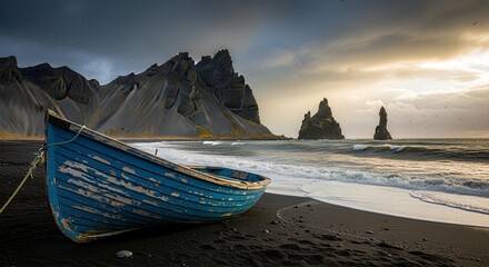 Blue Fishing Boat on Black Sand Beach with Rocky Cliffs and Waves