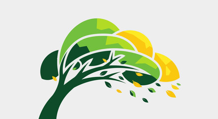 Stylized tree illustration with vibrant green and yellow foliage and falling leaves.