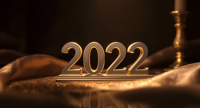 2022 Gold Numerals on a Shiny Surface, Festive Decoration, New Year Concept - Powered by Adobe