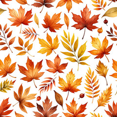 Watercolor autumn leaves on black background, seamless pattern