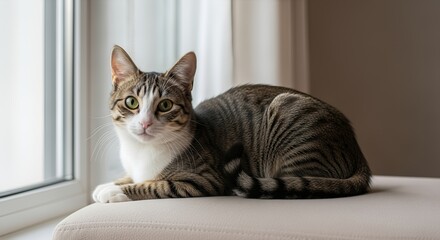 Tabby Cat Relaxing by Sunny Window on Soft Surface