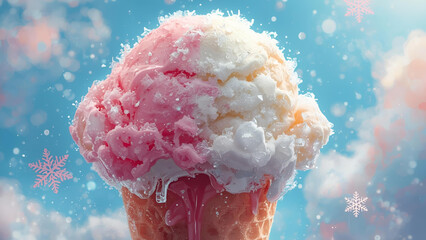 cotton candy snowflake ice cream on a cone with snowflakes for winter, ai