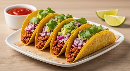 Delicious Ground Beef Tacos with Onion, Cilantro, Guacamole, and Ketchup