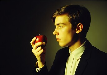 Young man in suit holding red apple against dark background