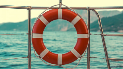 A close-up photograph of a red and white striped life preserver hanging from a metal railing on a boat.