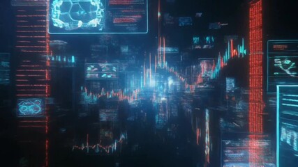 display graphs, charts, and digital user interface elements in a high-tech environment.  Illustrates financial concepts, data analysis, information technology, and digital innovation.  Ideal for d - Powered by Adobe