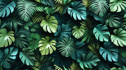 A vibrant jungle pattern of various large green and blue leaves