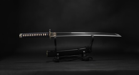 A traditional sword on display against a dark background