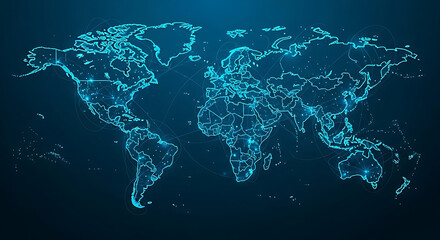 Fototapeta premium Blue world map illustration on black background with continents and countries