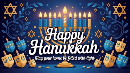 Hanukkah greeting card design centered around a stylized, glowing menorah with eight candles radiating warm light banner created with generative ai