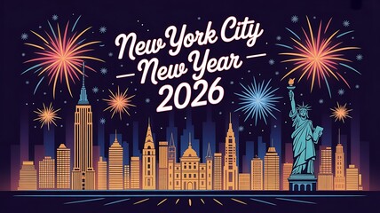 digital illustration of the iconic New York City skyline for a New Year's template banner background created with generative ai