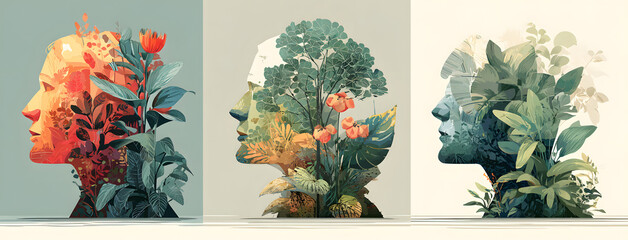 set vector illustration of head with plant blooming inside world mental health day
