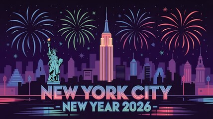 digital illustration of the iconic New York City skyline for a New Year's template banner background created with generative ai