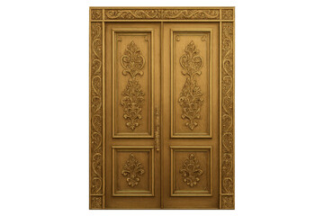 Ornate gold carved wooden double door with rococo design