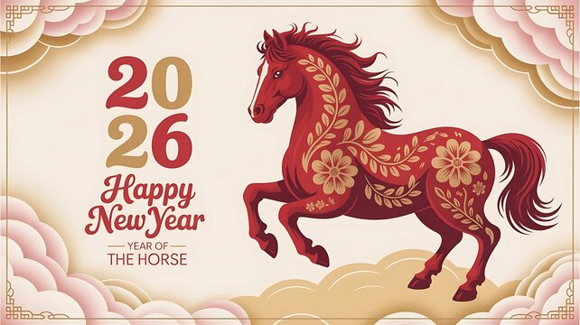 Chinese New Year 2026 poster design celebrating the Year of the Horse. template banner background created with generative ai