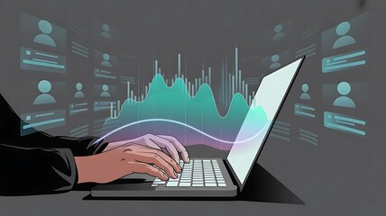 Futuristic business data analysis concept. A person typing on a laptop keyboard, with a glowing holographic scatter plot chart and regression line created with generative ai