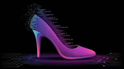 High-heeled shoe made of digital pixels dissolving into lines of code, futuristic fashion created with generative ai