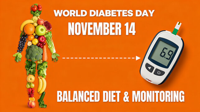 Human figure and blood glucose meter composed of fruits and vegetables, World diabetes Day, balanced diet and monitoring, and healthy diet promotion scene of diabetes Day.
