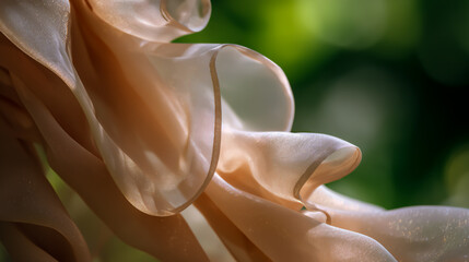 Peach-colored, white chiffon fabric, blurred green background, sunlight, high-resolution photography