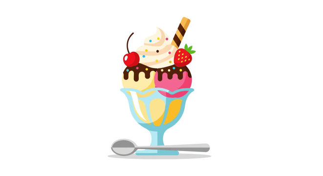 Vibrant vector illustration of a delicious ice cream sundae in a glass, featuring colorful scoops, whipped cream, fresh fruit, and a wafer stick