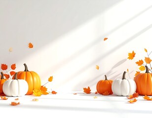 Pumpkins and Fall Leaves on White Background Autumn Season Display