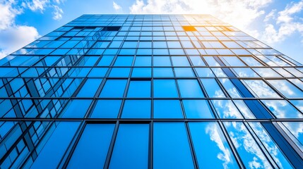 Modern glass skyscraper, city reflection, sunny day, blue sky, business