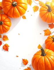 Pumpkins and Leaves on White Background for Autumn Season