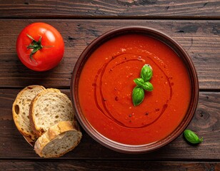 Tomato soup in bowl w/ basil, slices of bread, & whole tomato