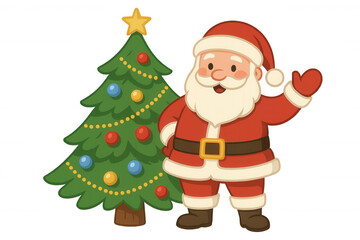Santa claus cartoon character standing next to a christmas tree, waving hand, holiday season greeting illustration