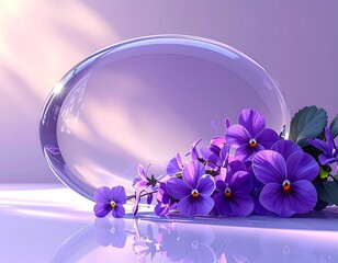 Purple Flowers and Glass Orb on Reflective Surface
