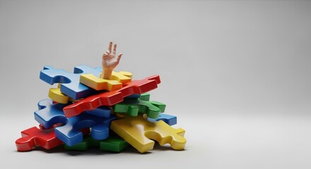 Hand Reaching Out from Pile of Giant Puzzle Pieces