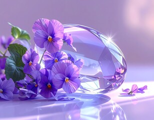 Purple Pansies with Shiny Crystal on Reflective Surface
