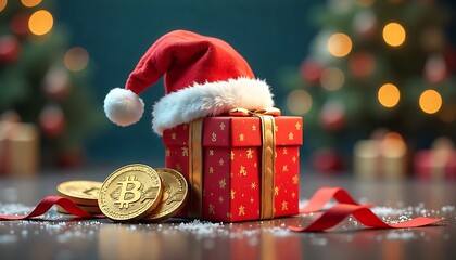 3d design with Santa cap with gift box and bitcoins in it Merry Christmas created with generative ai