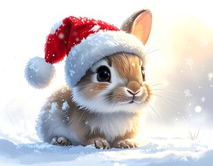 Rabbit Wearing Festive Hat in Snow with Gentle Winter Light