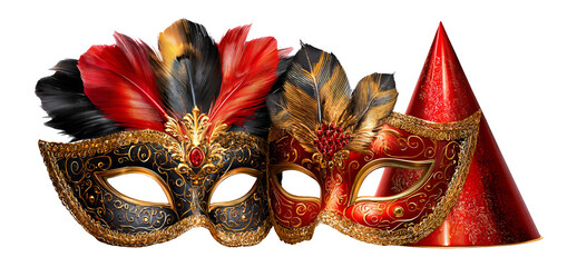Elegant Carnival Masks with Feathers and Glittering Designs on Isolated Background