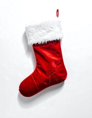 Red Christmas Stocking with White Fur Trim Hanging on White Background