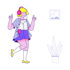 Blonde Woman Dancing in Transparent Background with Pink Headphones Purple Skirt and Plant in Pot Illustration for Office Environment Graphic Art