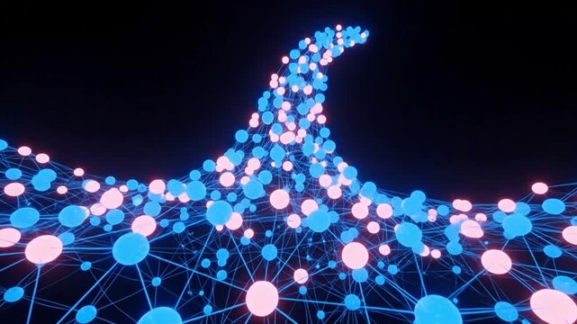 Network of interconnected blue and pink nodes forming a crescent shape against a dark background