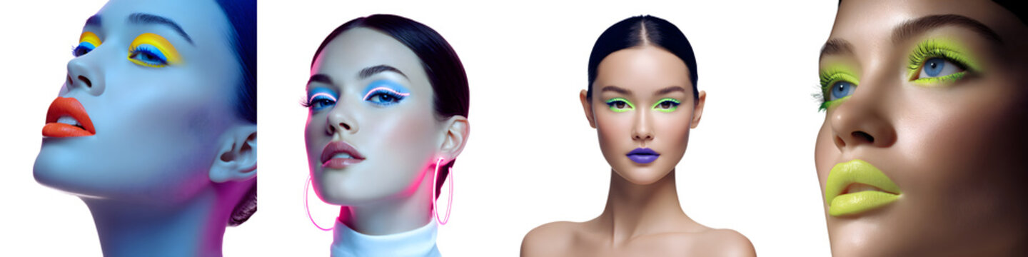 Bright Neon Makeup: Creative Beauty Looks with Bold Colors Isolated on White Background