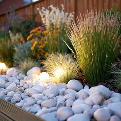 A well-maintained garden pathway lined with white stones, illuminated by warm lighting, highlighting the lush greenery and vibrant flowerbeds.
