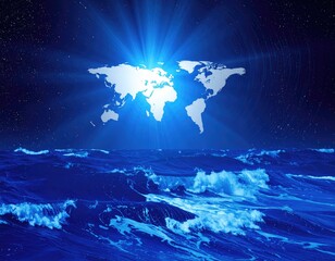World map rises from ocean, with radiating light and starry sky