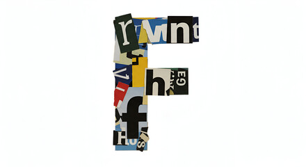 Abstract Letter F Constructed from Magazine Clippings on a White Background